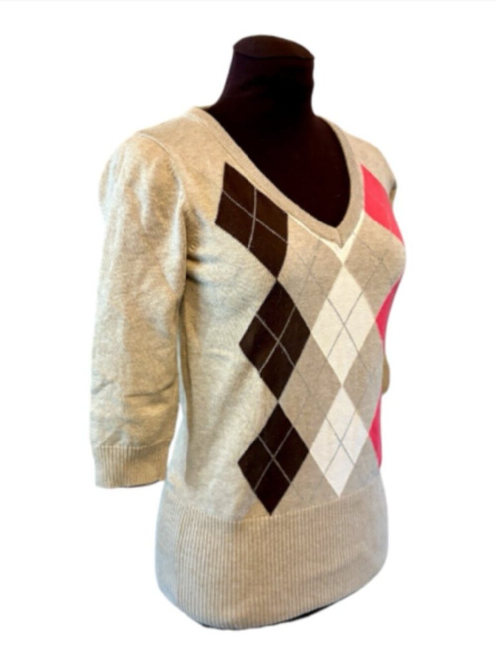 Herbench Tan V-Neck Sweater Pink Brown White Argyle Pattern, Womens size Small - Picture 6 of 6